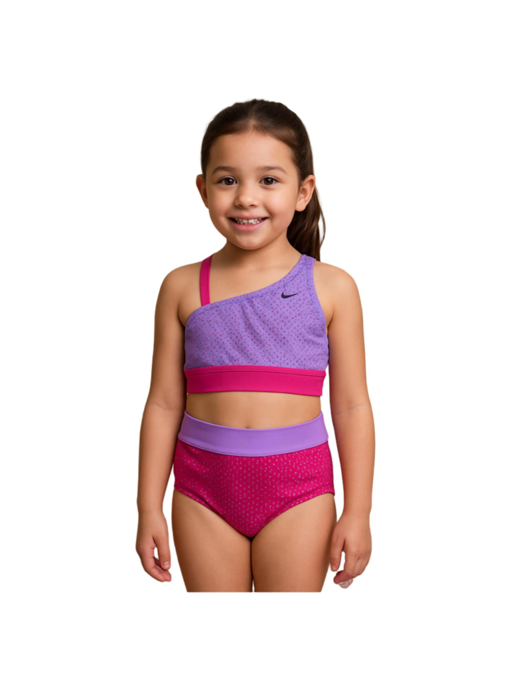 Nike Girls 2PC Swimsuit Set Large Pink Purple Polka Dot One Shoulder Bikini NWT